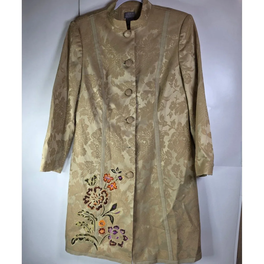 Sigrid Olsen Gold Brocade Embroidered Jacket Coat Mandarin Collar Floral Size 8